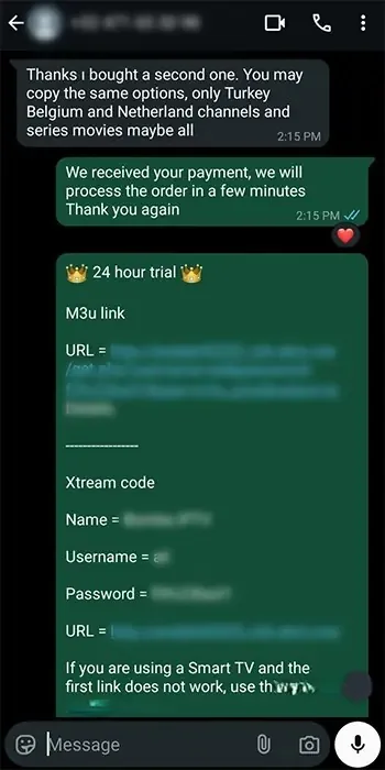 Kundeanmeldelse af Dansk IPTV via WhatsApp – eksempel 1