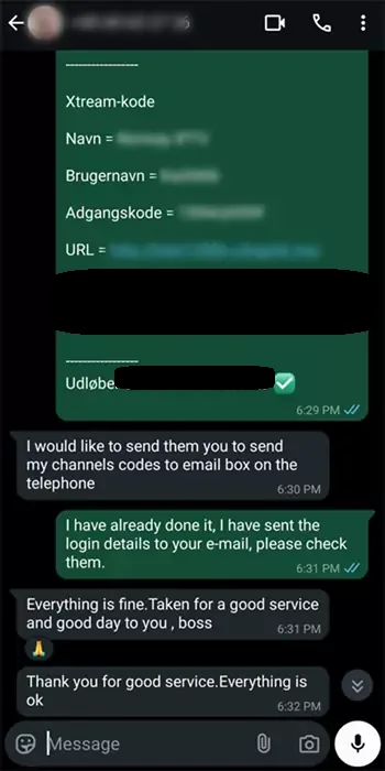 Kundeanmeldelse af Dansk IPTV via WhatsApp – eksempel 3